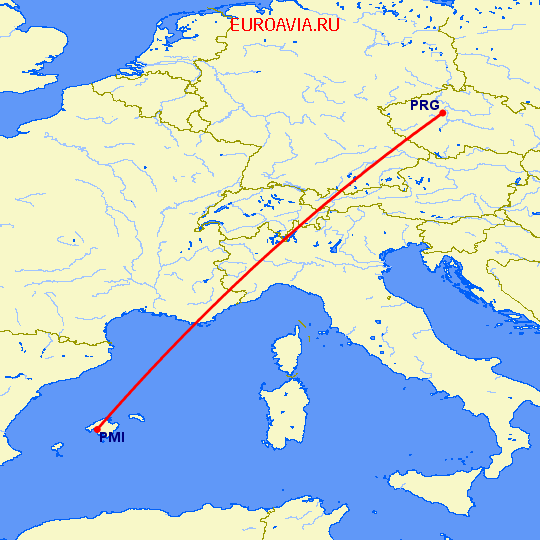 перелет Пальма де Майорка — Прага на карте