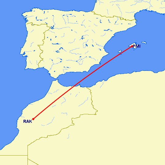 перелет Пальма де Майорка — Марракеш на карте