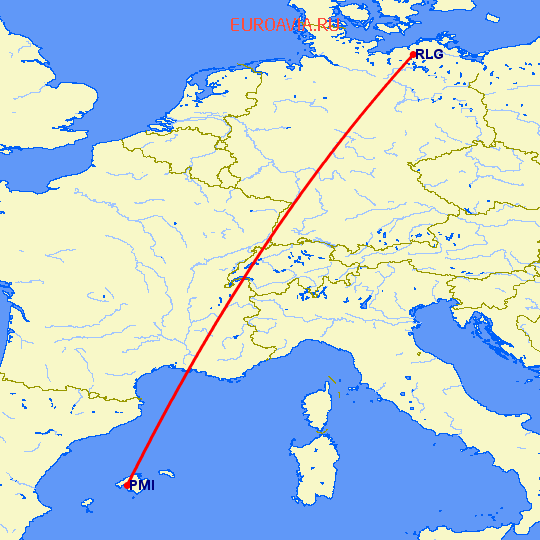 перелет Пальма де Майорка — Росток на карте