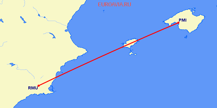 перелет Пальма де Майорка — Мурсия на карте