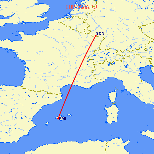 перелет Пальма де Майорка — Саарбрюккен на карте