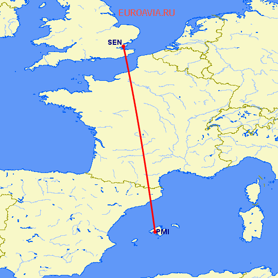 перелет Пальма де Майорка — Southend на карте