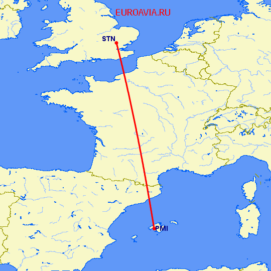 перелет Пальма де Майорка — Лондон на карте