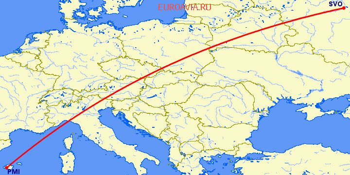 перелет Пальма де Майорка — Москва на карте