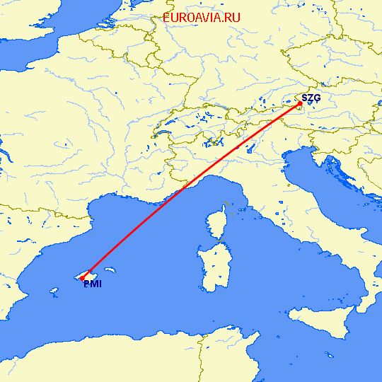 перелет Пальма де Майорка — Зальцбург на карте