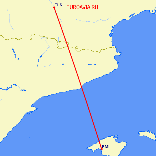 перелет Пальма де Майорка — Тулуза на карте