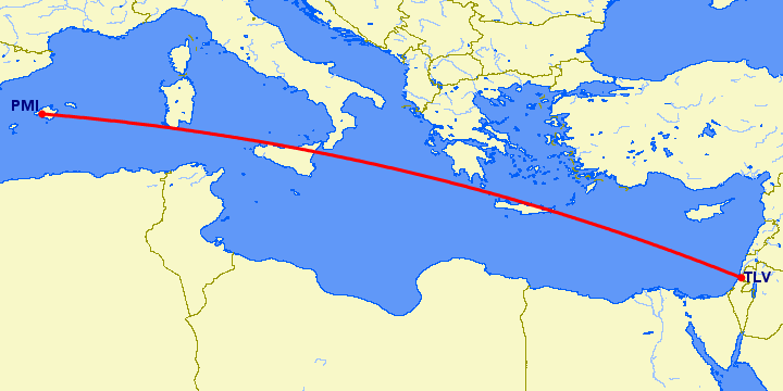 перелет Пальма де Майорка — Тель Авив на карте