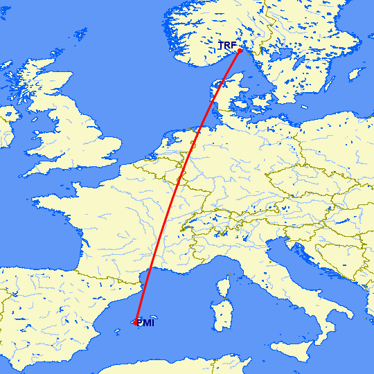 перелет Пальма де Майорка — Осло Торп на карте