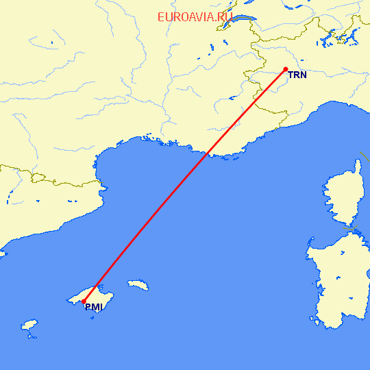 перелет Пальма де Майорка — Турин на карте