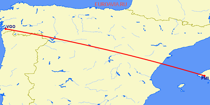 перелет Пальма де Майорка — Виго на карте
