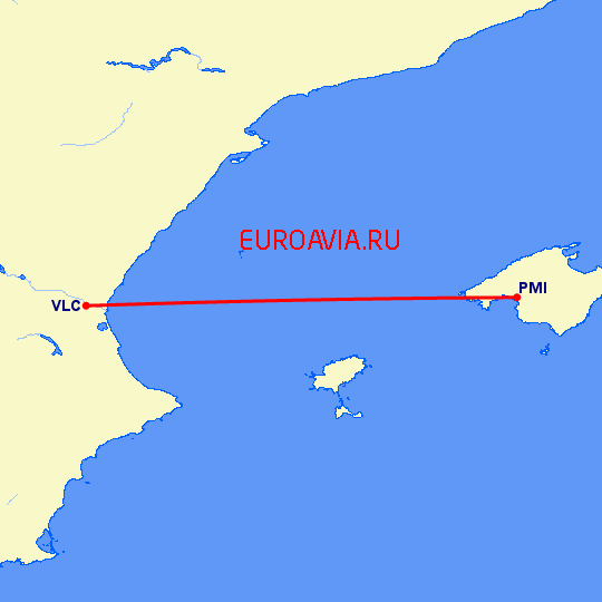 перелет Пальма де Майорка — Валенсия на карте