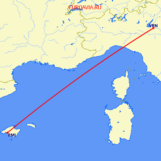 перелет Пальма де Майорка — Верона на карте