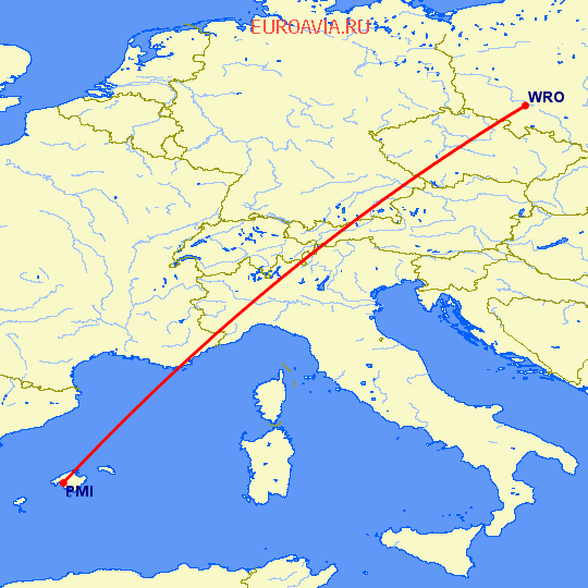 перелет Пальма де Майорка — Вроцлав на карте