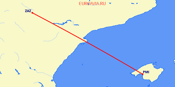 перелет Пальма де Майорка — Сарагоса на карте
