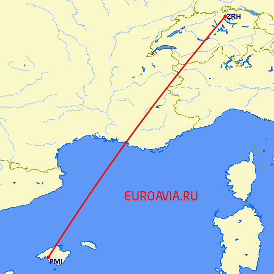 перелет Пальма де Майорка — Цюрих на карте