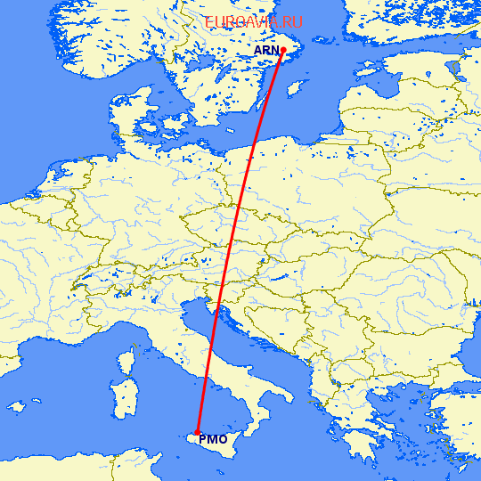 перелет Палермо — Стокгольм на карте