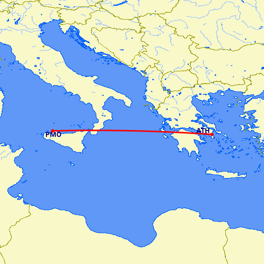 перелет Палермо — Афины на карте