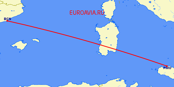 перелет Палермо — Барселона на карте