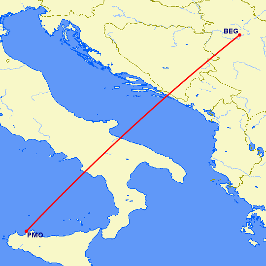 перелет Палермо — Белград на карте