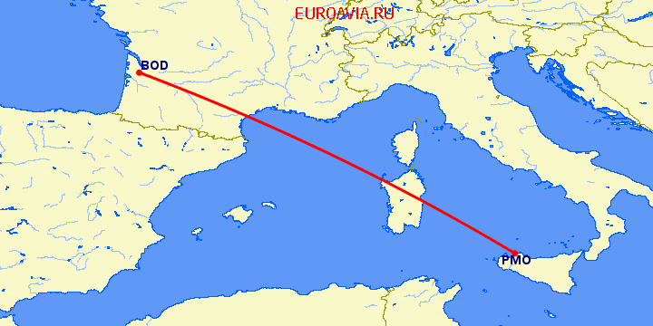 перелет Палермо — Бордо на карте