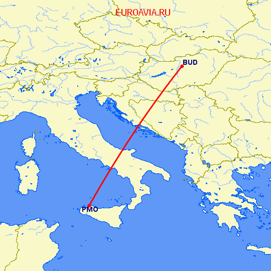 перелет Палермо — Будапешт на карте