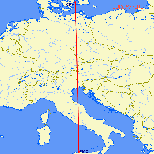перелет Палермо — Копенгаген на карте