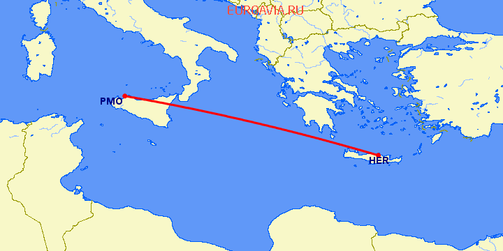 перелет Палермо — Ираклион на карте