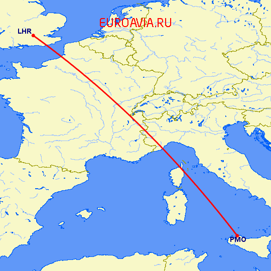 перелет Палермо — Лондон на карте