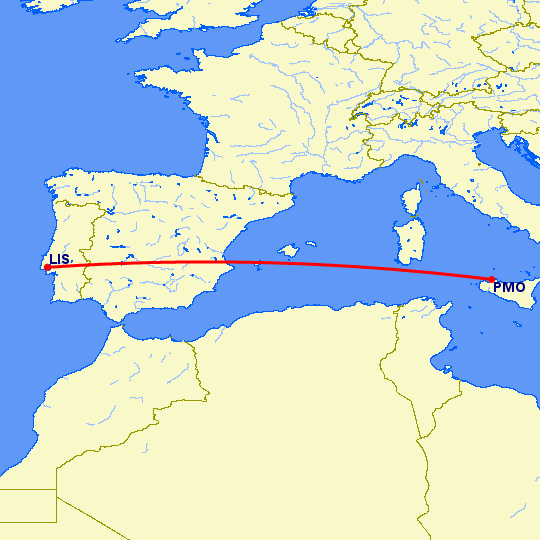 перелет Палермо — Лиссабон на карте