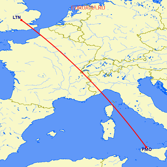 перелет Палермо — Luton на карте