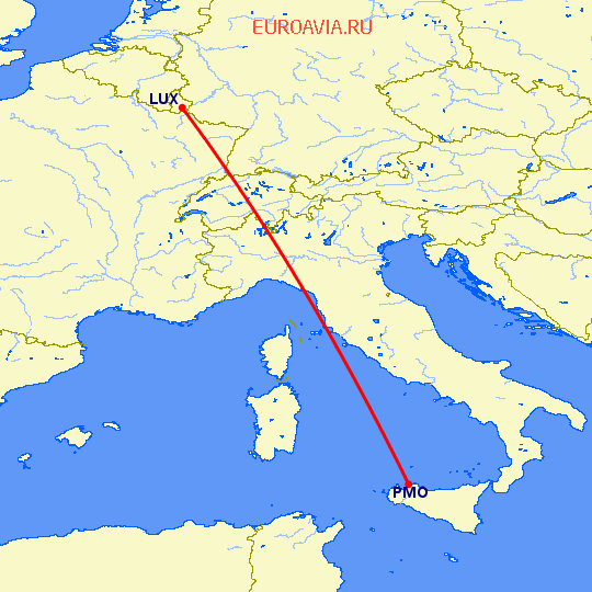 перелет Палермо — Люксембург на карте