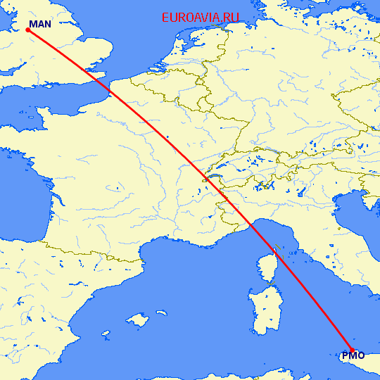 перелет Палермо — Манчестер на карте
