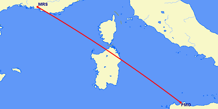 перелет Палермо — Марсель на карте