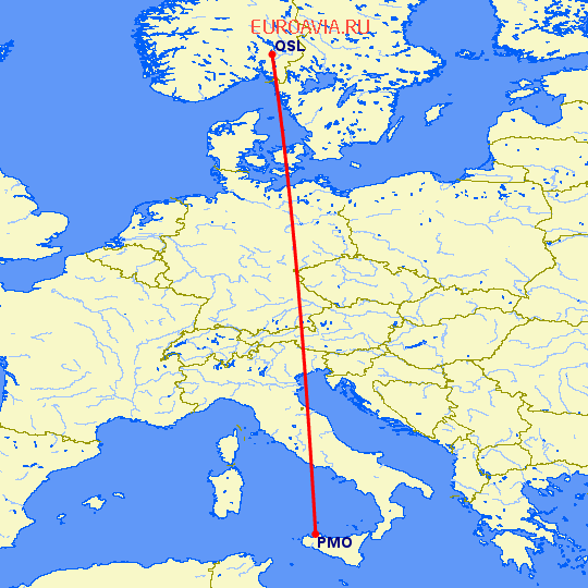 перелет Палермо — Осло на карте