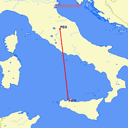 перелет Палермо — Перужия на карте