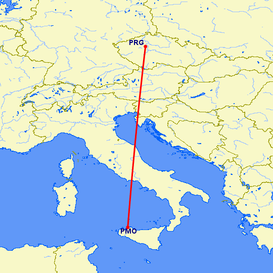 перелет Палермо — Прага на карте