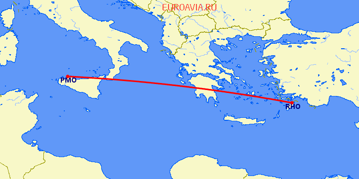 перелет Палермо — Родос на карте