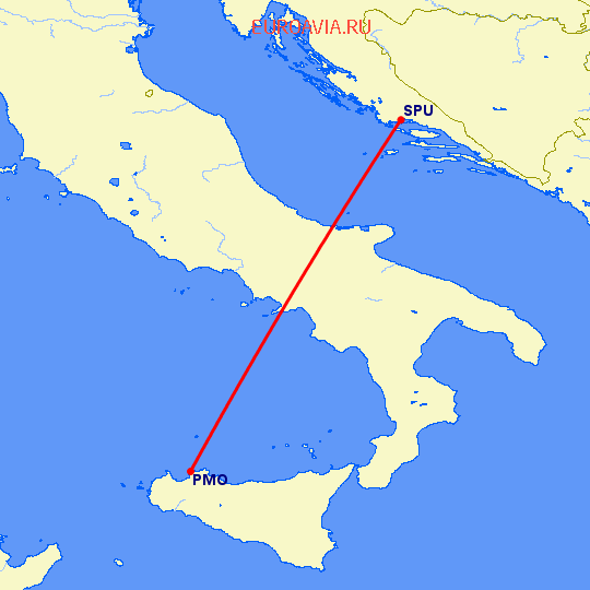 перелет Палермо — Сплит на карте