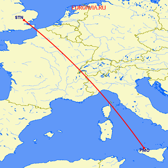 перелет Палермо — Лондон на карте