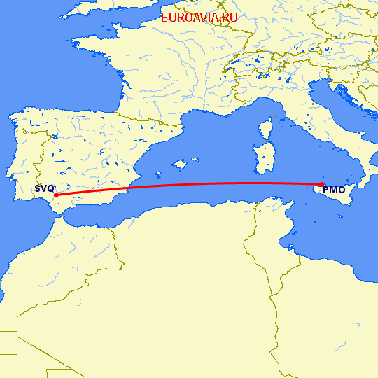 перелет Палермо — Севилья на карте