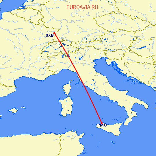 перелет Палермо — Страсбург на карте