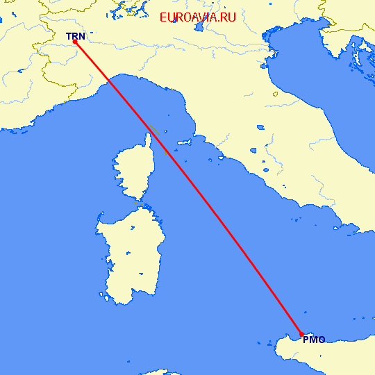 перелет Палермо — Турин на карте