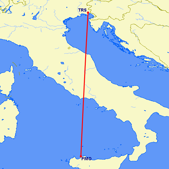 перелет Палермо — Триест на карте