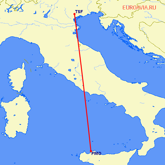 перелет Палермо — Тревисо на карте