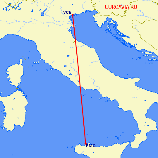 перелет Палермо — Венеция на карте