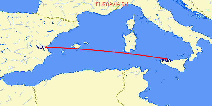 перелет Палермо — Валенсия на карте