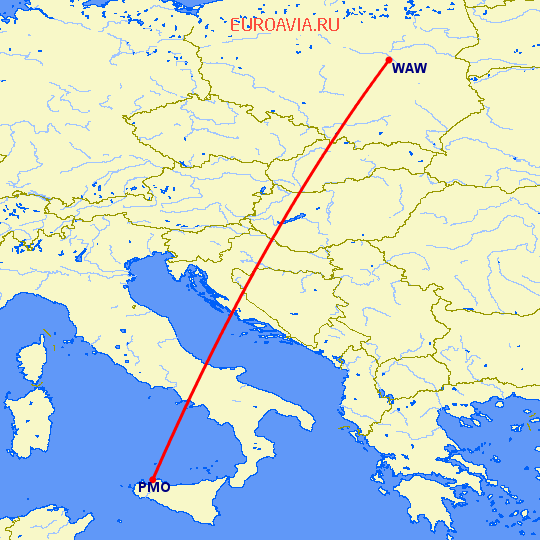 перелет Палермо — Варшава на карте