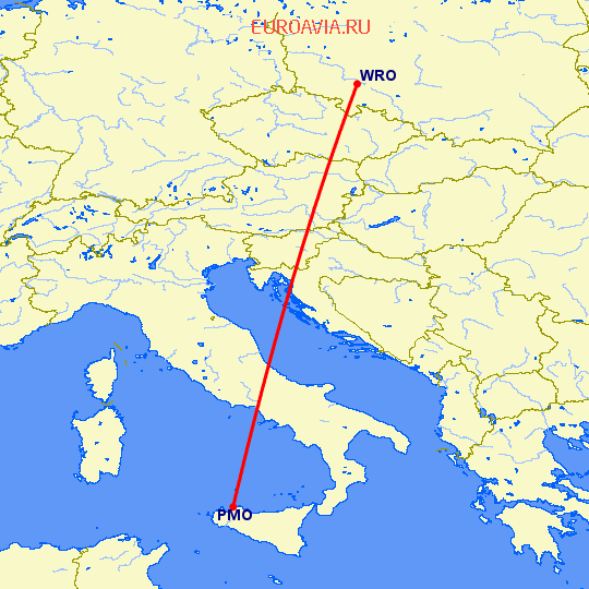 перелет Палермо — Вроцлав на карте