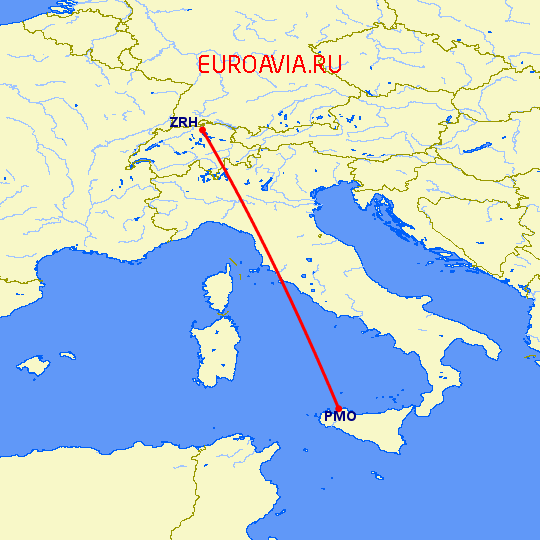 перелет Палермо — Цюрих на карте