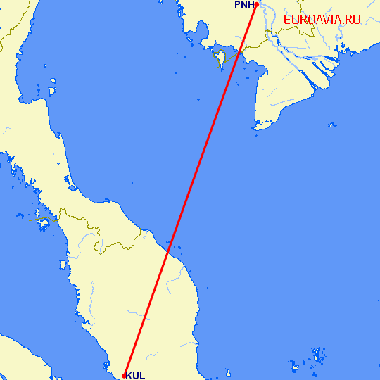 перелет Пномпен — Куала Лумпур на карте